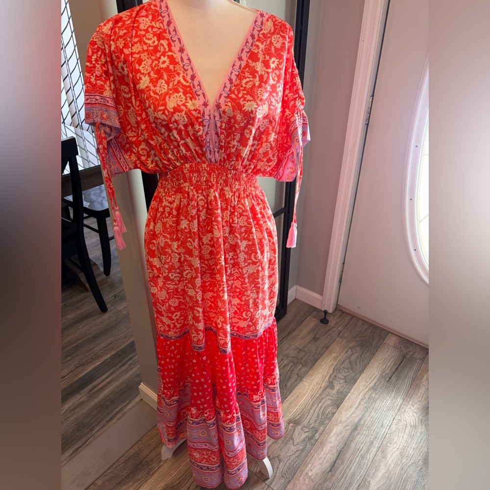 Like New…Boutique Floral Print Tiered Sleeve With Tassel Detail Maxi Dress